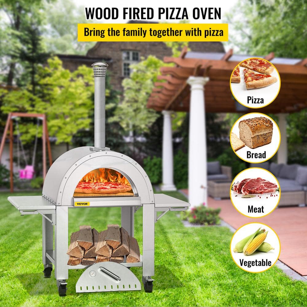 VEVOR Wood Outdoor Pizza Oven 32 in. Stainless Steel Fired Artisan Pizza Oven 3-Layer with Wheels, Silver HWPSKX3253149T6YRV0