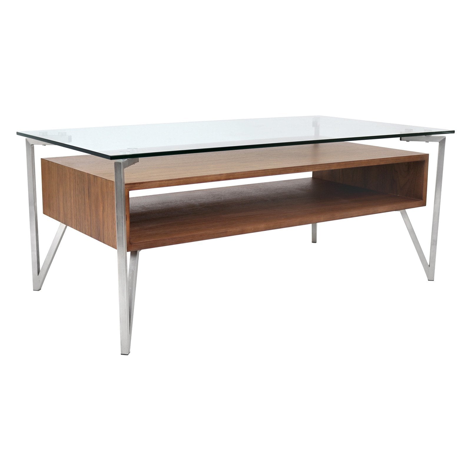 Hover Contemporary Coffee Table with Brushed Stainless Steel Frame, Walnut Wood Shelf, and Clear Glass Top