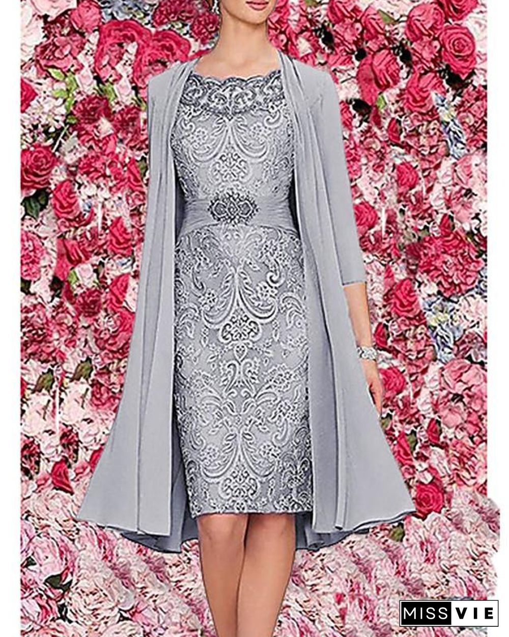 Women's Two Piece Dress Knee Length Dress 3/4 Length Sleeve Floral Jacquard Spring & Summer Hot Elegant Wine Dark Blue Gray M L XL XXL 3XL