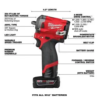 Milwaukee M12 FUEL 12V Lithium-Ion Brushless Cordless Stubby 38 in. Impact Wrench Kit with M12 38 in. Ratchet 2554-22-2457-20