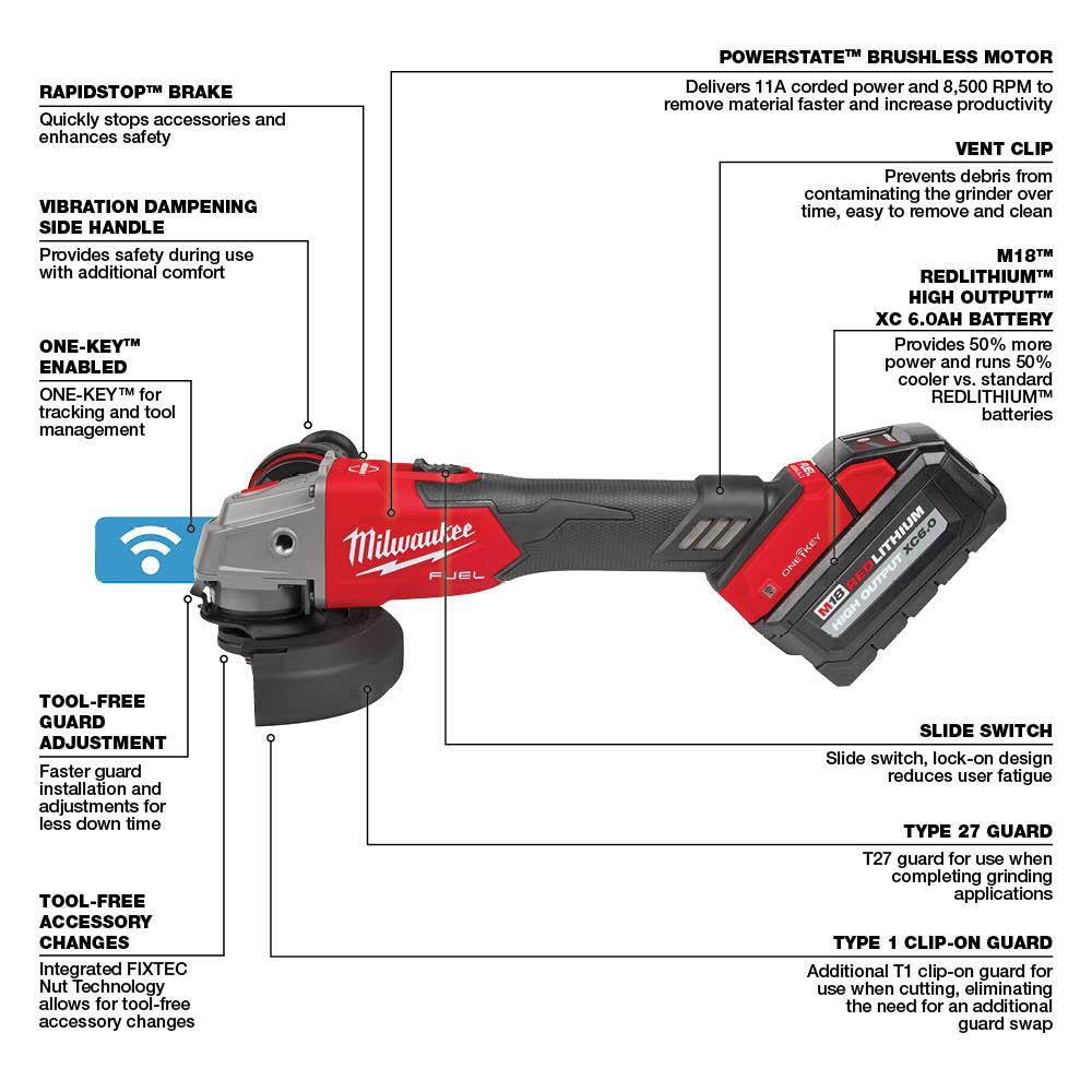 MW M18 FUEL 18V Lithium-Ion Brushless Cordless 4-12 in.5 in. Braking Grinder Kit wSlide Switch and Two 6.0 Batteries 2883-22