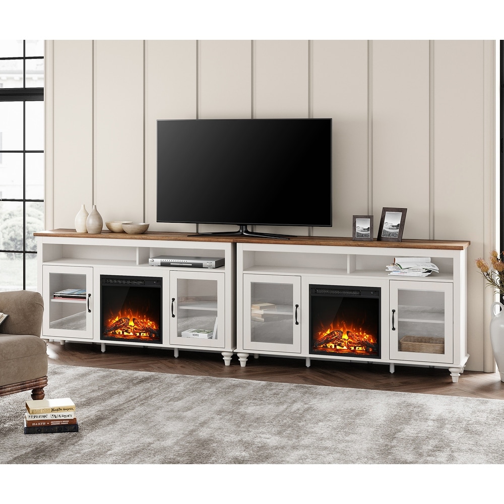 WAMPAT Fireplace TV Stand   Farmhose Entertainment Center with 18'' Electric Fireplace Sliding Barn Door  Storage Cabinet