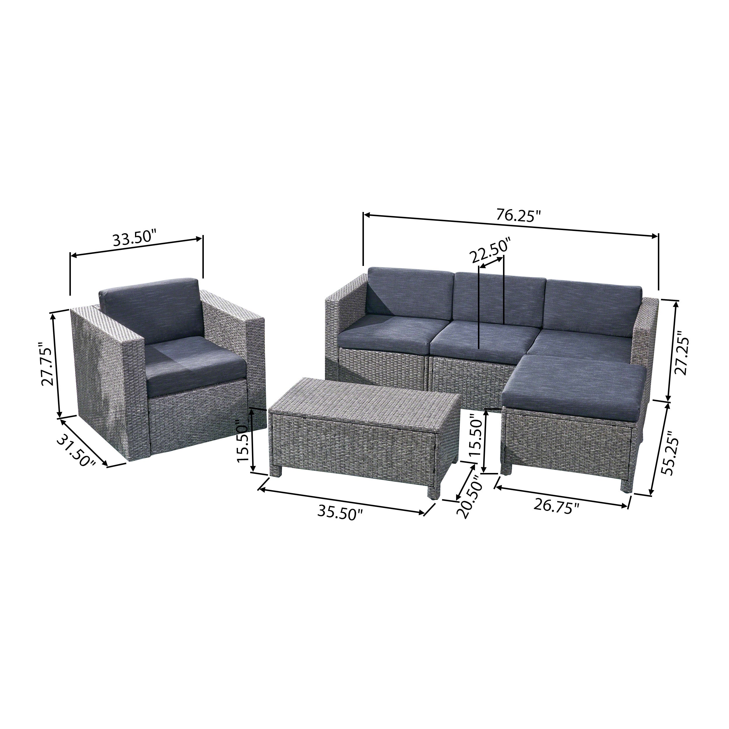 Buzz Outdoor 4 Seater Wicker L-Shaped Sectional Sofa Set with Cushions, Mixed Black with Dark Grey Cushions