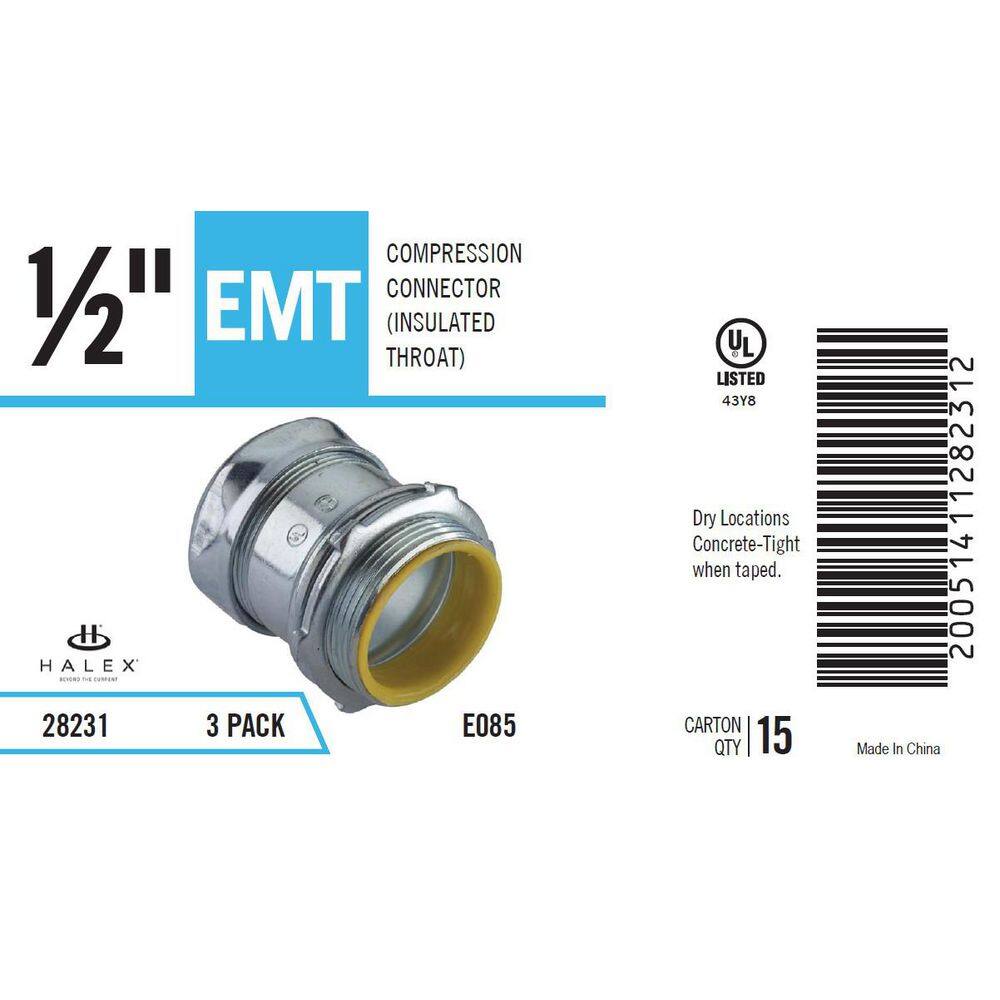 Halex Electrical Metallic Tube (EMT) Compression Connectors 12 in. with Insulated Throats (3-Pack) 28231