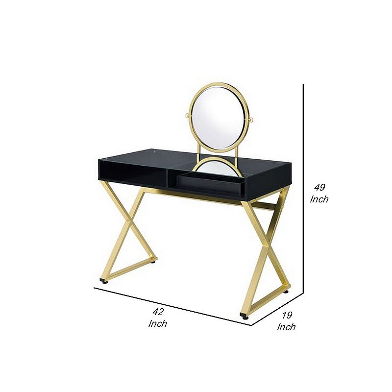 Vanity Desk with Round Mirror and Cross Metal Legs， Black and Gold