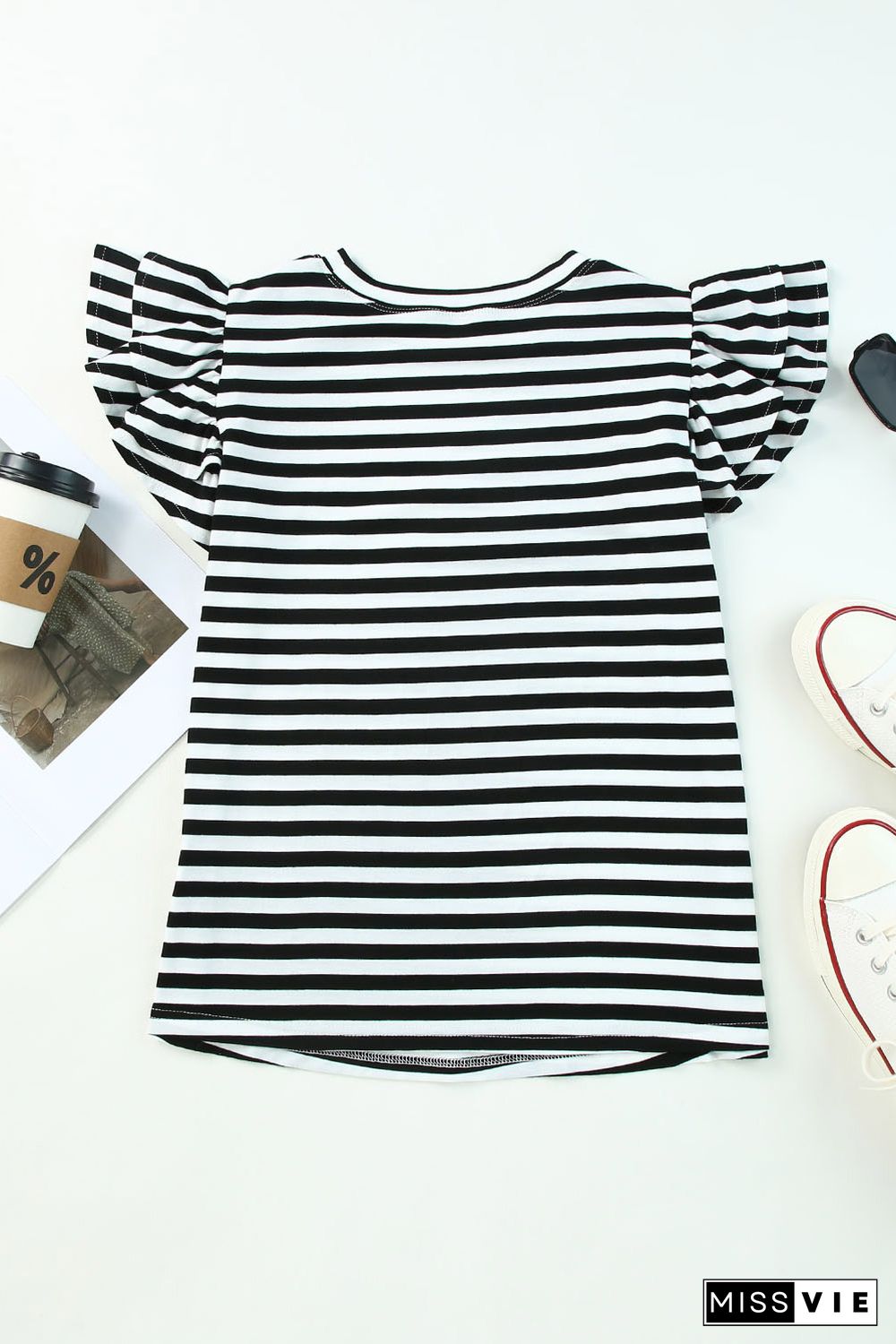 White Stripe Print Tiered Ruffled Sleeve Tee