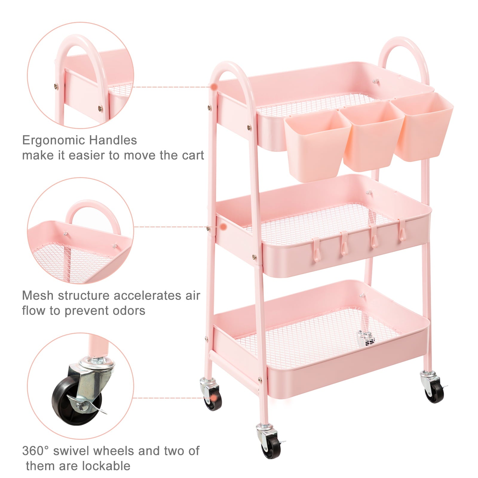 3-Tier Metal Rolling Utility Storage Cart with Lockable Wheels and Ergonomic Handles and Hanging Cups， Multifuctional Trolley Cart for Sitting Room， Bathroom， Kitchen， Study， Pink