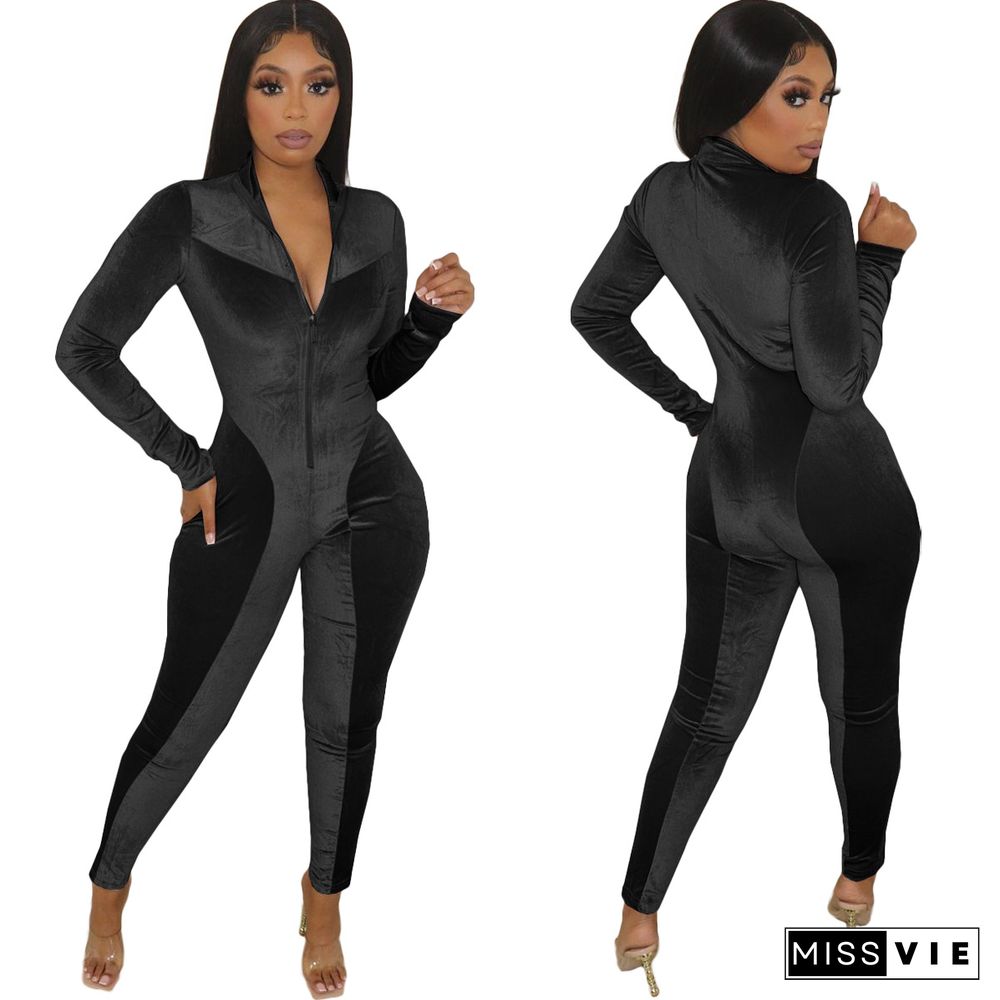 Velvet Patchwork Front Zipper Bodycon Jumpsuit