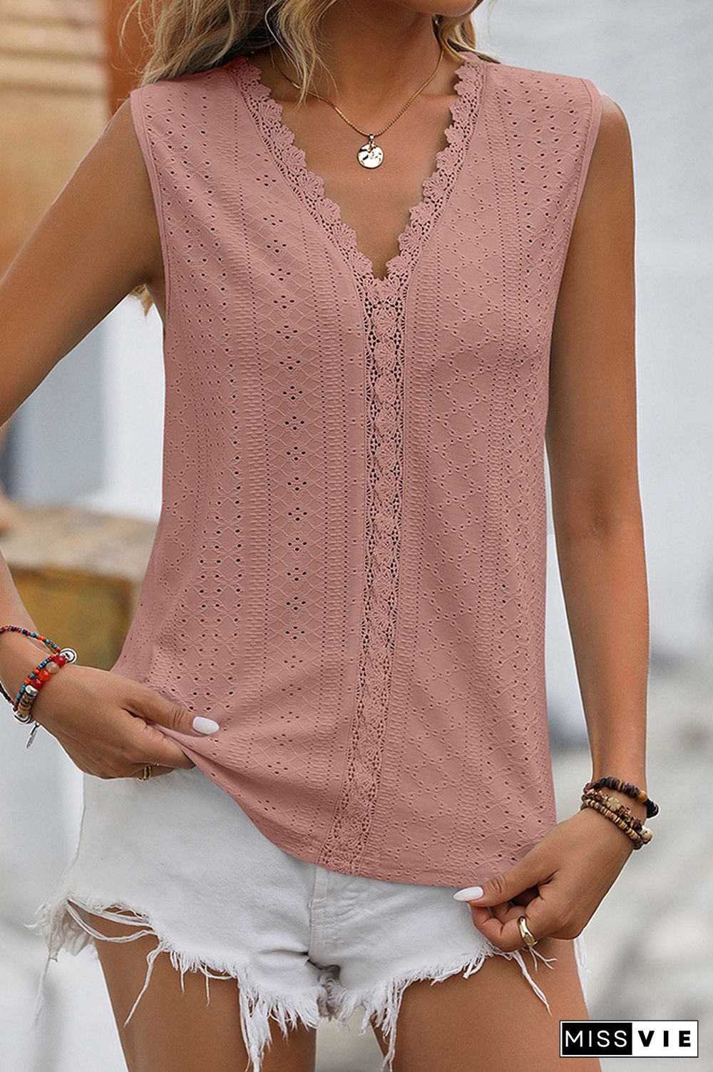 Plain V Neck Lace Edge Eyelet Pattern Tank Top