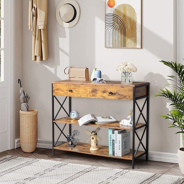 Industrial Style 3-Tier Console Table with Drawer and Shelves