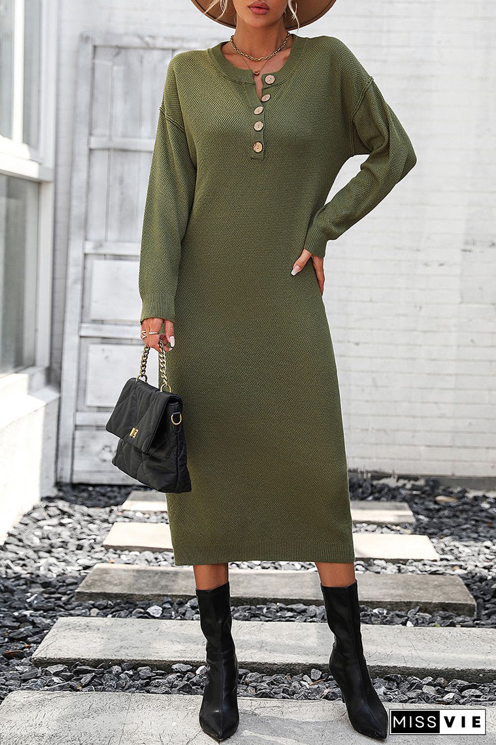 Elegant Solid Buckle O Neck Long Sleeve Dresses