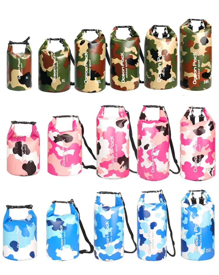 Customized Logo Design 500D PVC Camo Color 2L 3L 5L 10L 15L 20L 30L Waterproof Water Resistant Hiking Dry Tube Backpack Bags