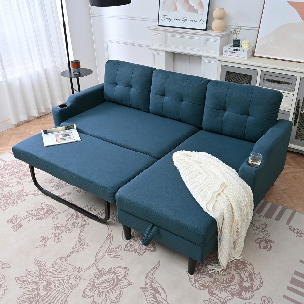 Pull out Sleeper Sofa Couches Upholstered Sectional Sofa With Storage Ottoman And 2 Cup Holders modernluxe