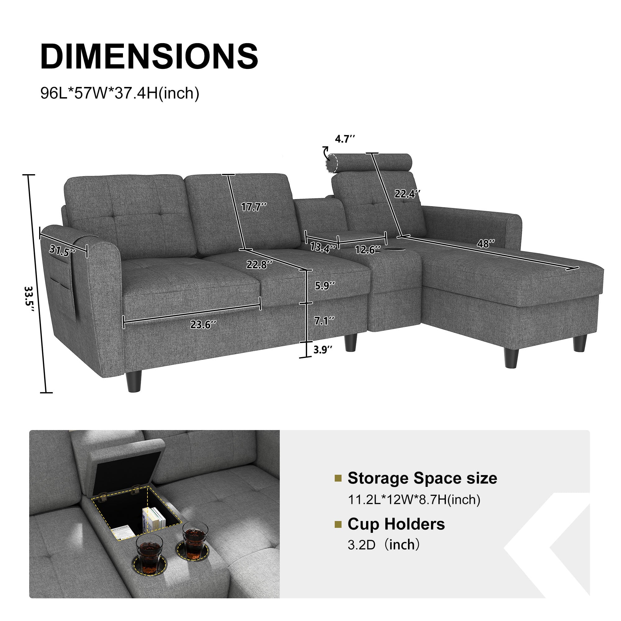 HONBAY Reversible Sectional Sofa Modern Upholstered L Shaped Couch with Cup Holders & Storage Console for Living Room, Grey