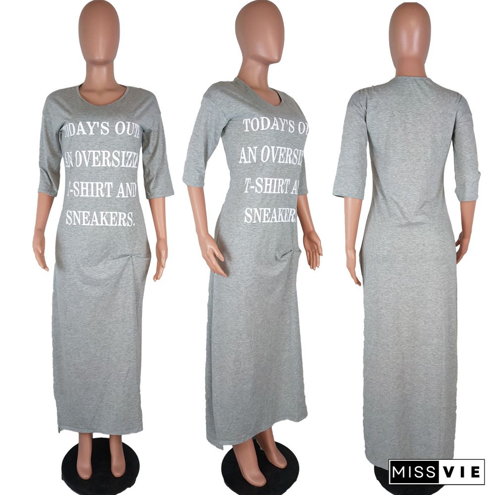 Hot Sales Letter Printed Round Neck Middle Sleeve Long Dress