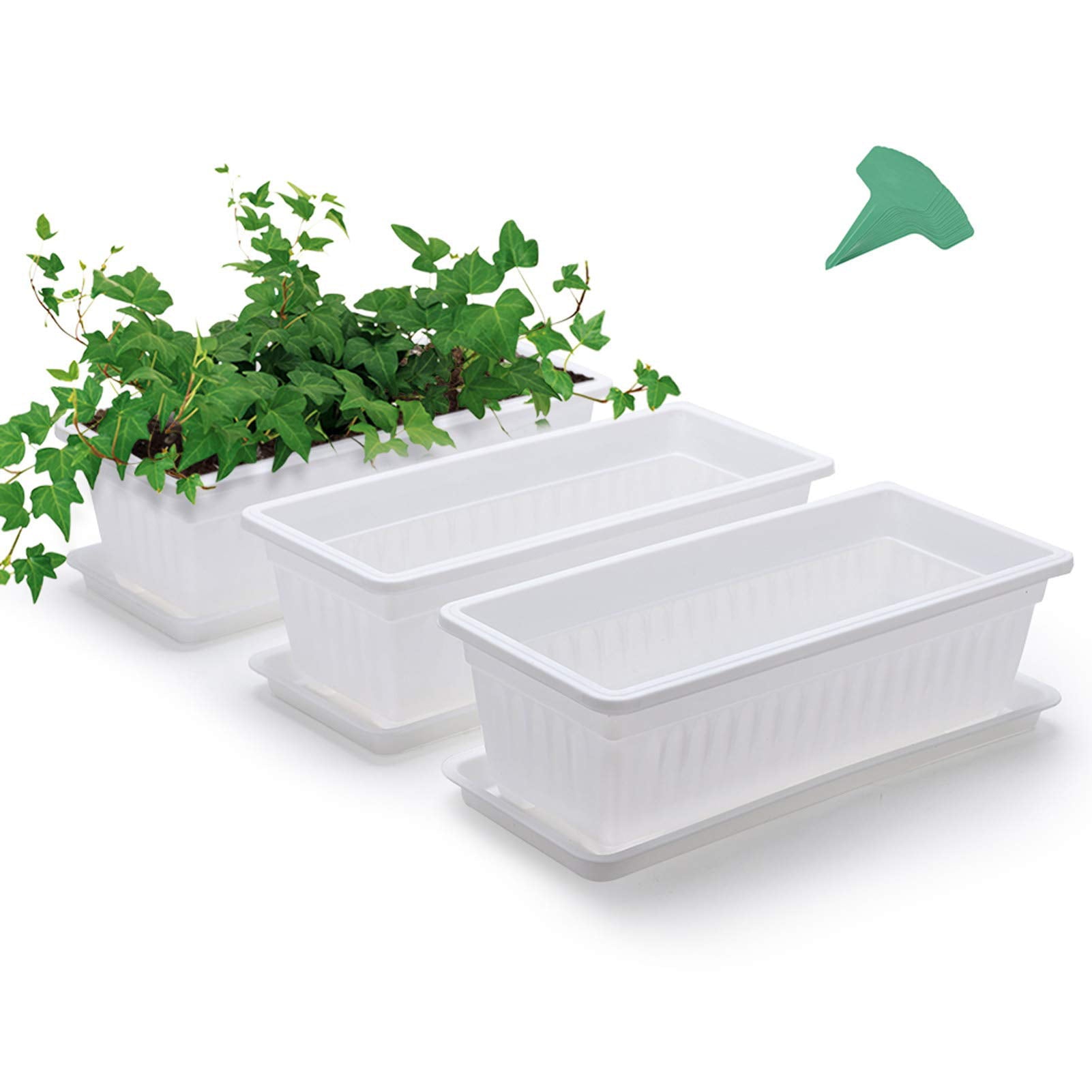 GROWNEER 3 Packs 15 Inches White Flower Window Box Plastic Vegetable Planters with 15 Pcs Plant Labels, for Windowsill, Patio, Garden, Home Décor, Porch