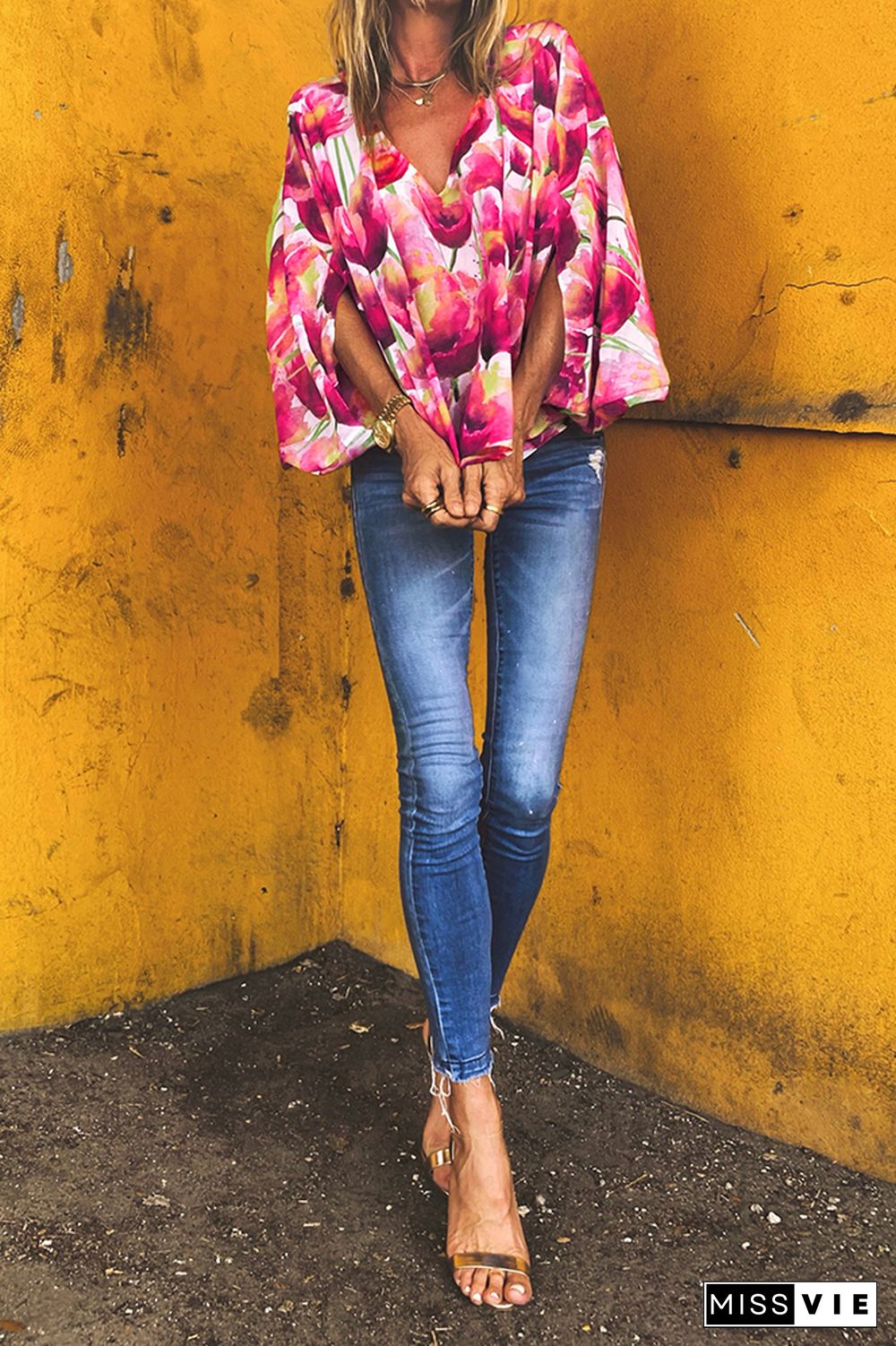 V Neck Floral Loose Cover Up Top