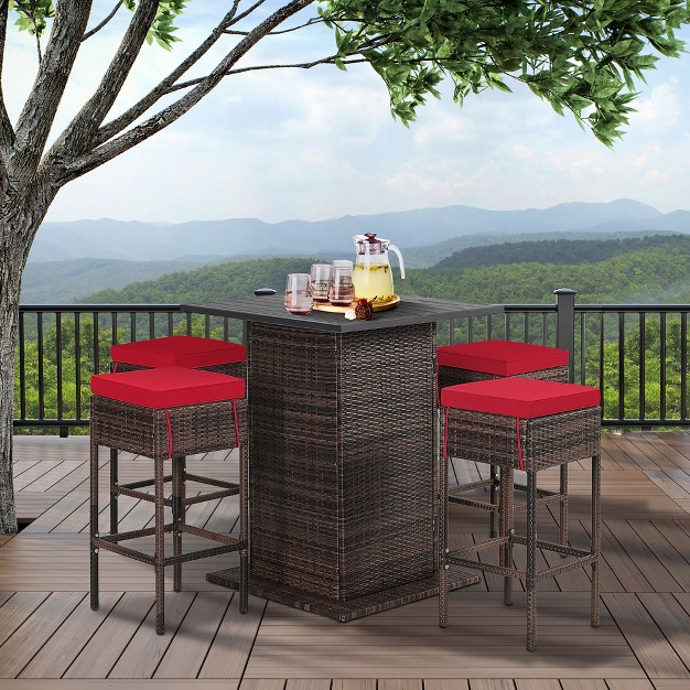 Tangkula Tangkula 5pcs Patio Bar Set Rattan Bar Furniture Set W Table amp 4 Cushioned Stools Red