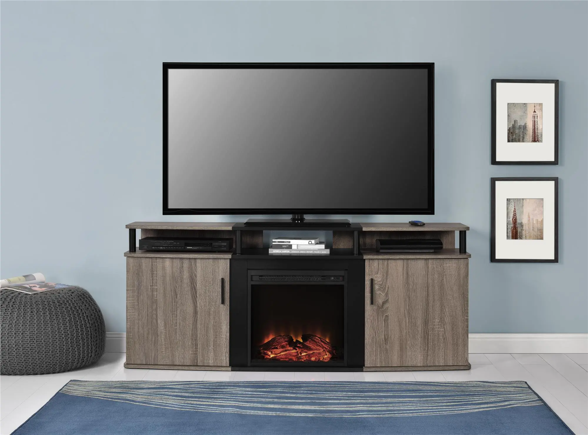 Carson Transitional Distressed Gray Oak Electric Fireplace TV Console