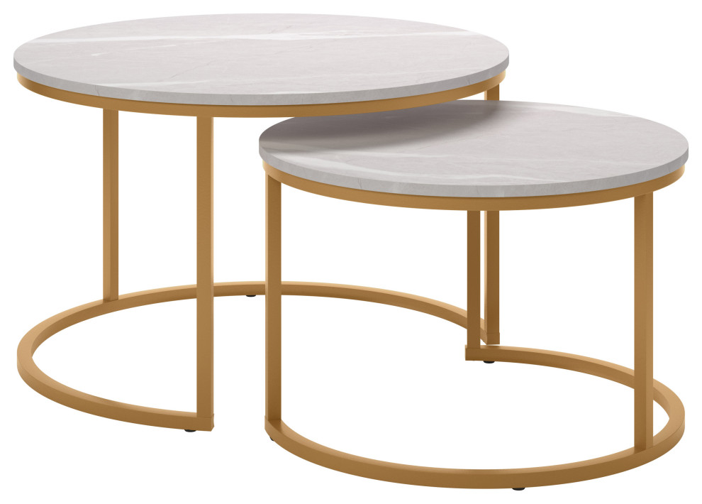 Fort Worth Gold Metal Leg Round Marbled Finish Nesting Coffee Tables   Contemporary   Coffee Table Sets   by CorLiving Distribution LLC  Houzz