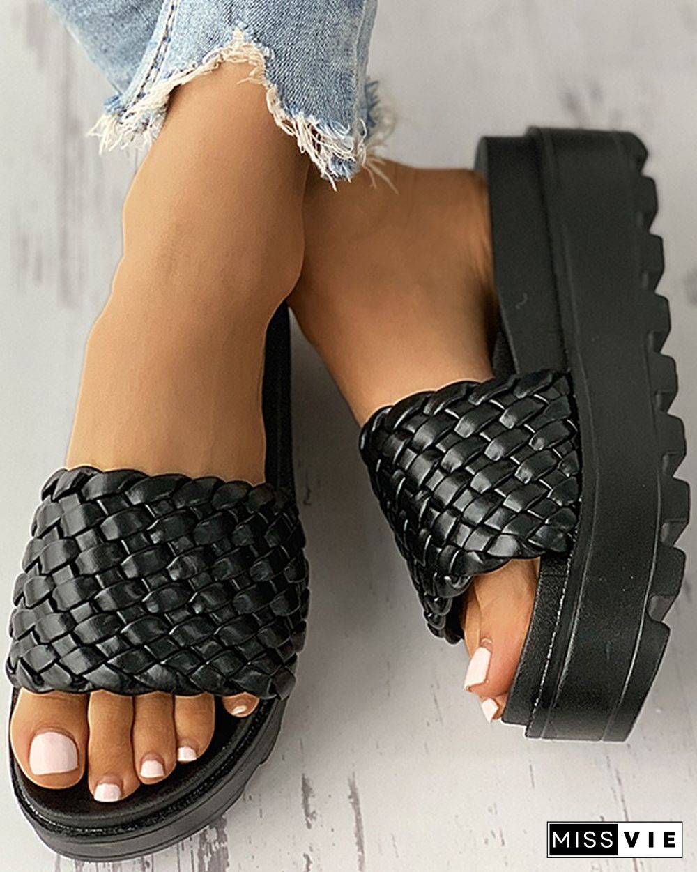 Braided Open Toe Platform Slippers