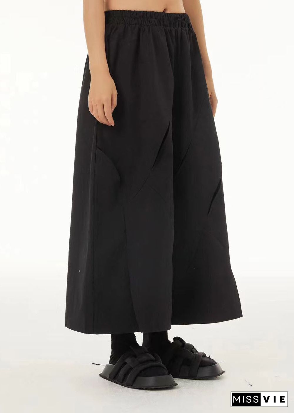 French Black Elastic Waist Ripped Cotton Wide Leg Crop Pants Summer