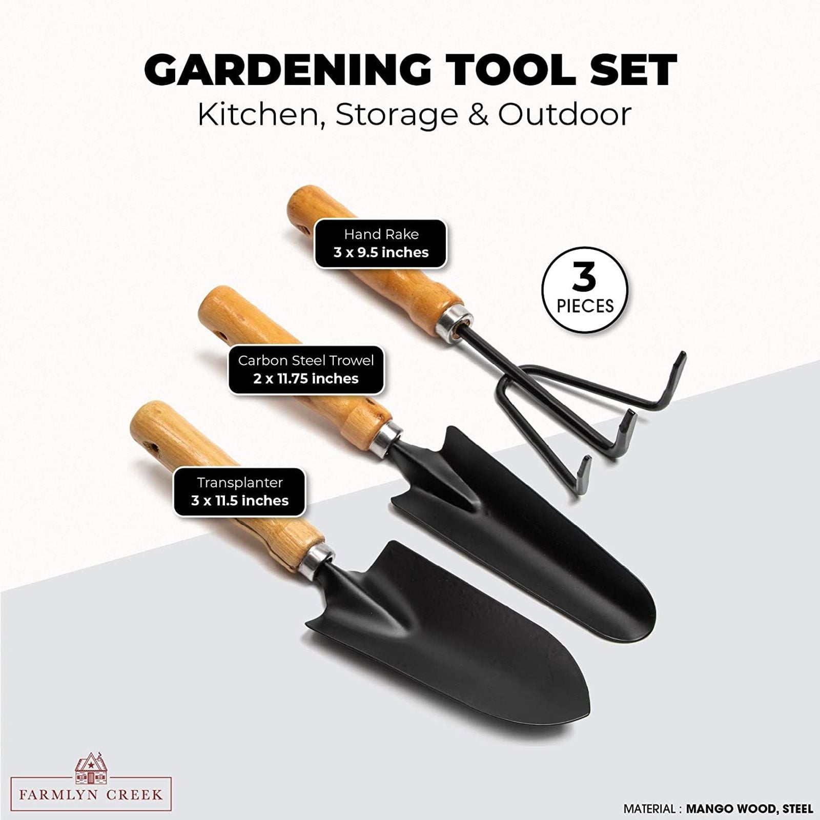 3-Piece Set Black Iron Gardening Tools Set with Mango Wood Handle - Mini Hand Trowel, Transplanter, Hand Rake Cultivator