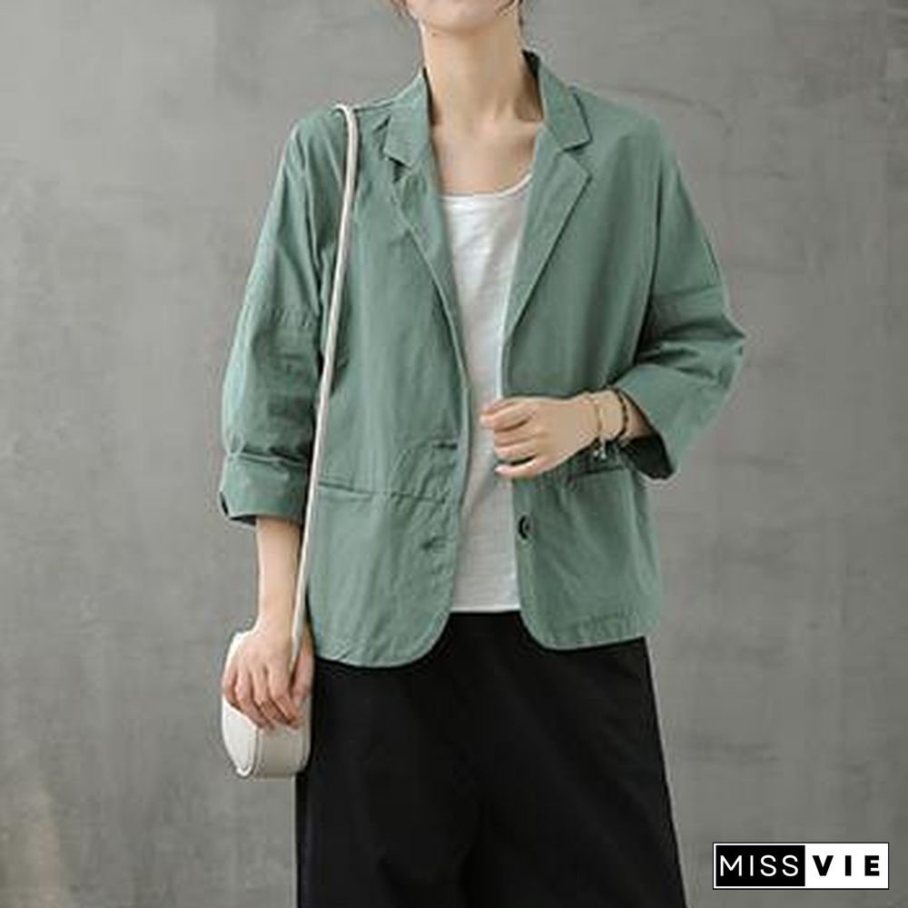 Loose Notched Button Down fall top Inspiration green blouses