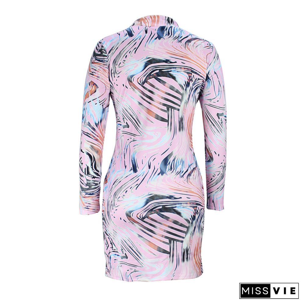 Abstract print Long Sleeve O Neck Pencil Dress