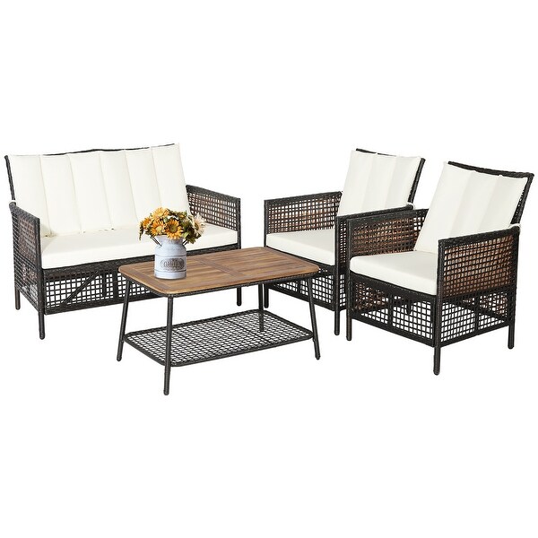 Costway Patiojoy 4PCS Patio Rattan Furniture Set Cushioned Chairs Wood