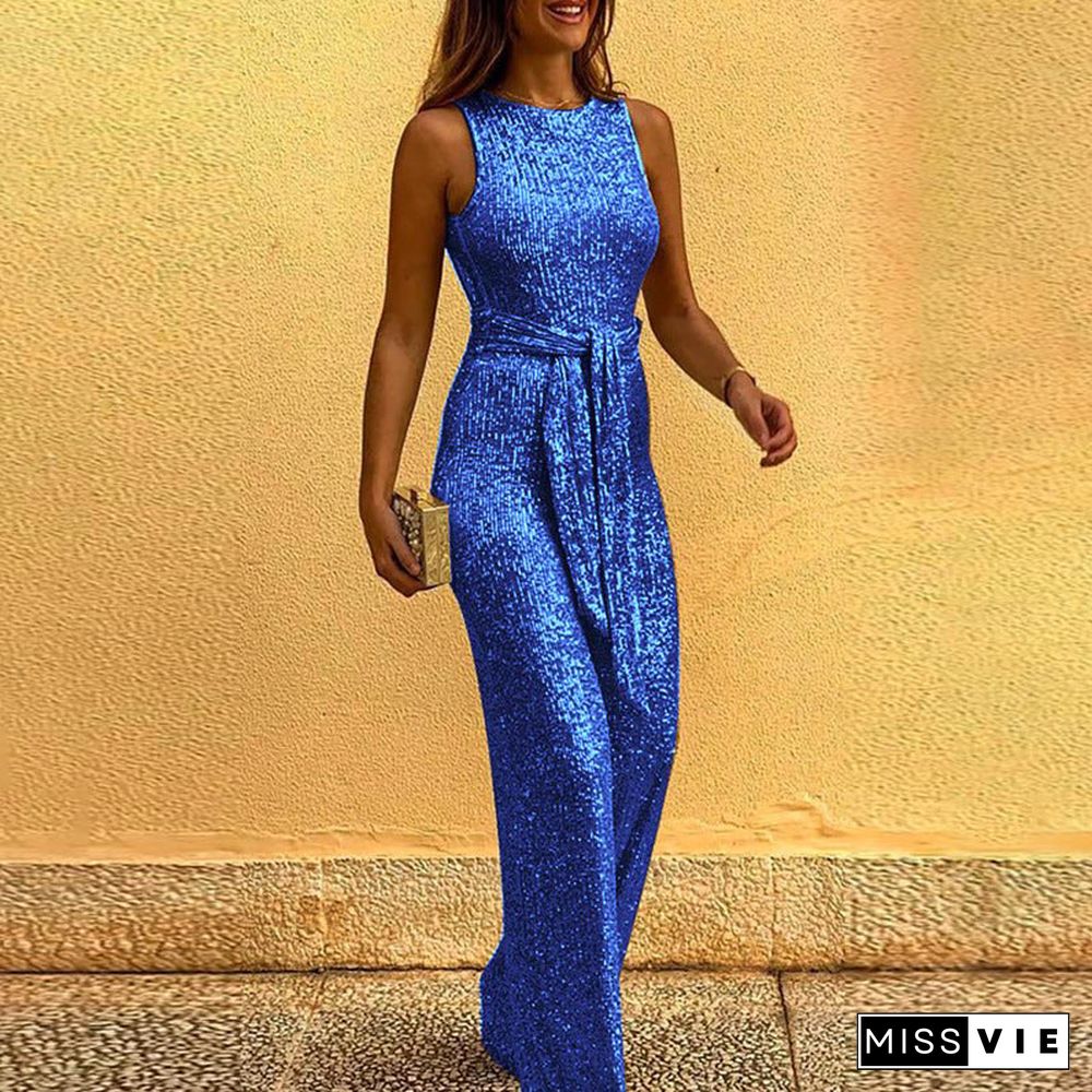 Halter Neck Open Back Sequin Jumpsuit