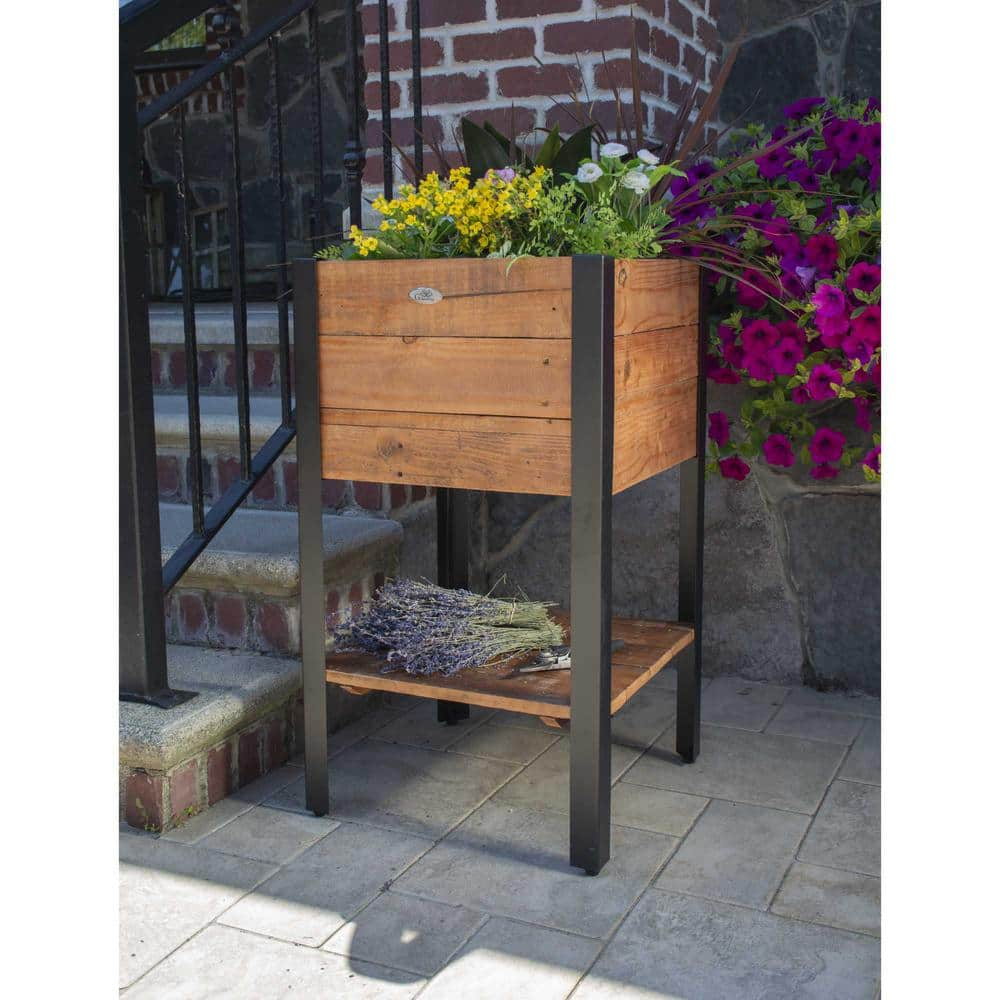 Grapevine 17.2 in. x 17.2 in. Urban Garden Tall Recycled Wood  Metal Planter with shelf PL10003