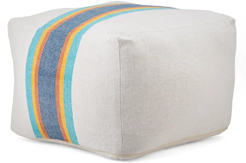 White and Multi Color Stripe Handwoven Cotton Pouf