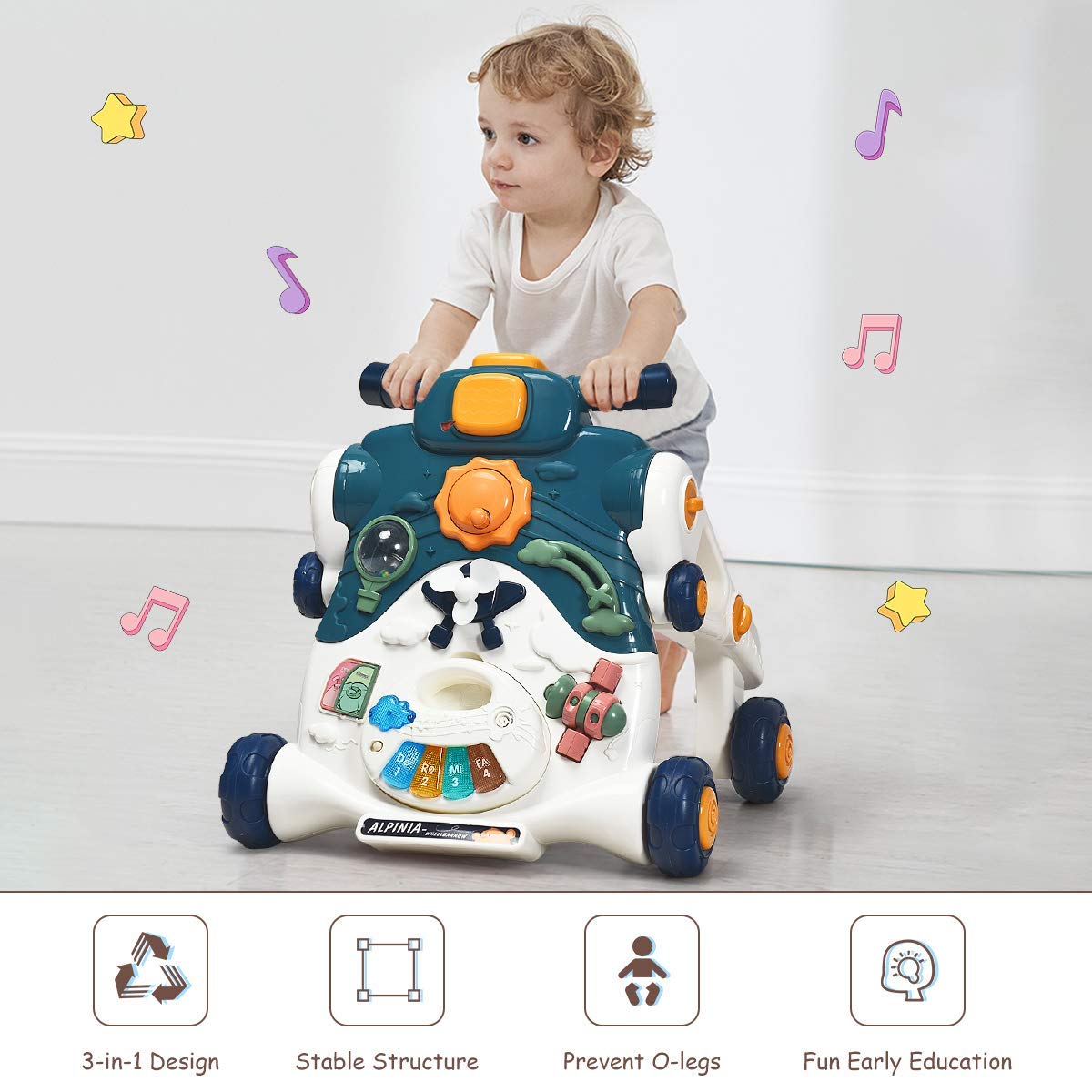 BABY JOY Sit-to-Stand Walker, 3 in 1 Baby Walker, Ride on Car, Game Panel