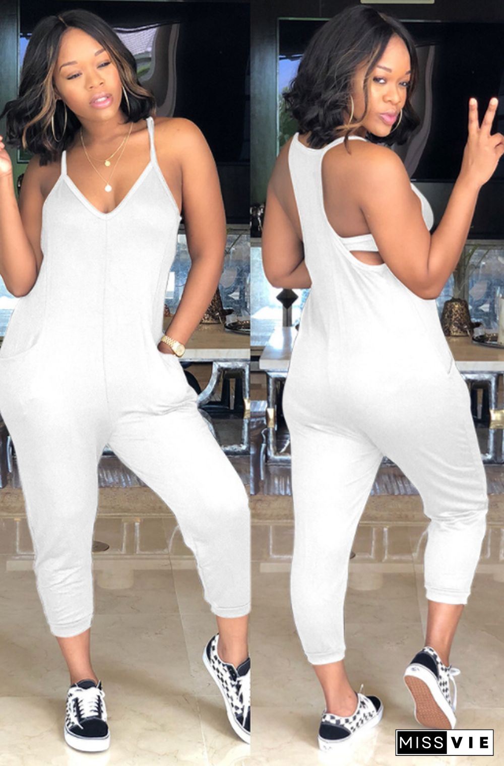 White Spaghetti Strap Romper with Pockets