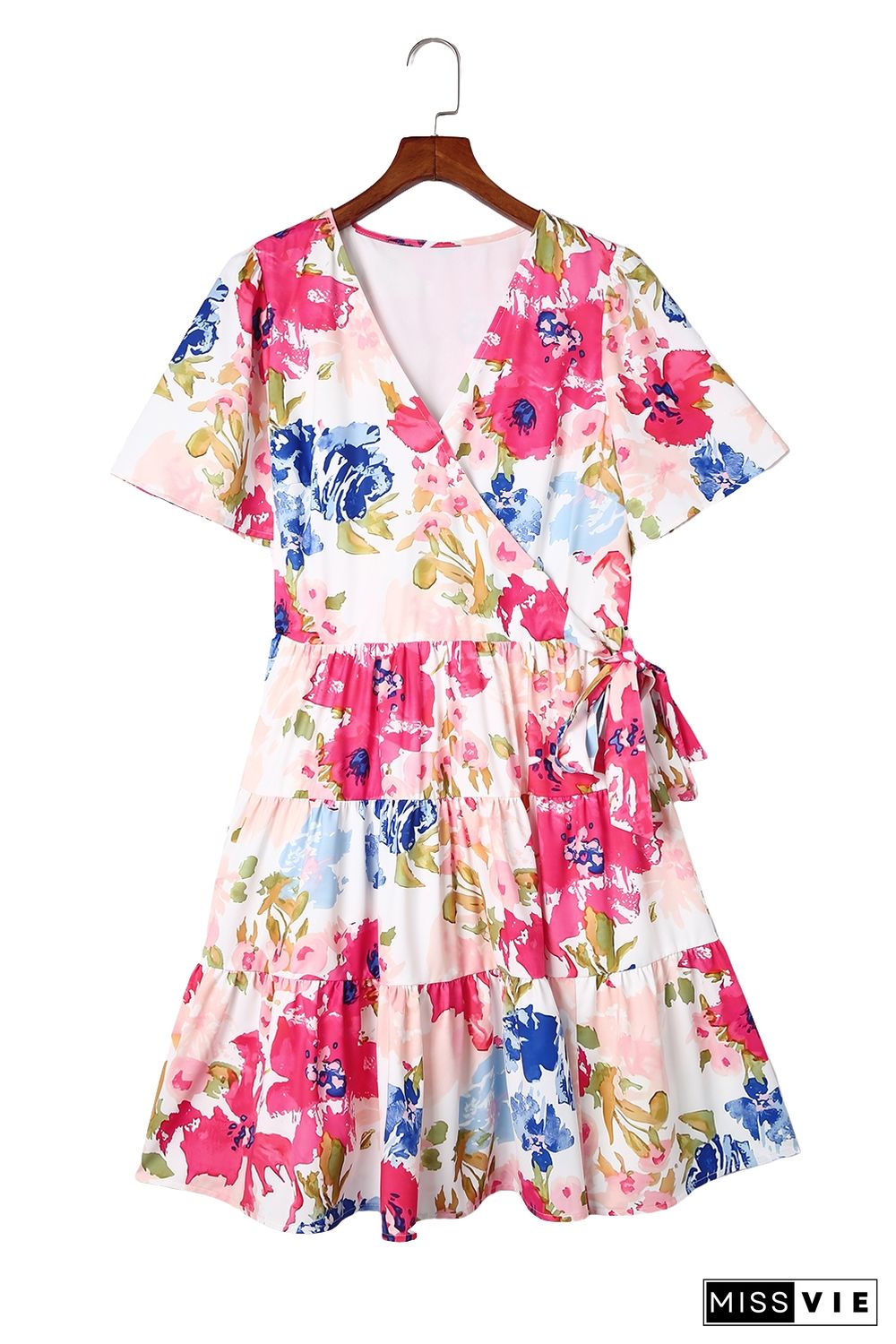 Multicolor Sweet Floral Wrap V Neck Skater Dress