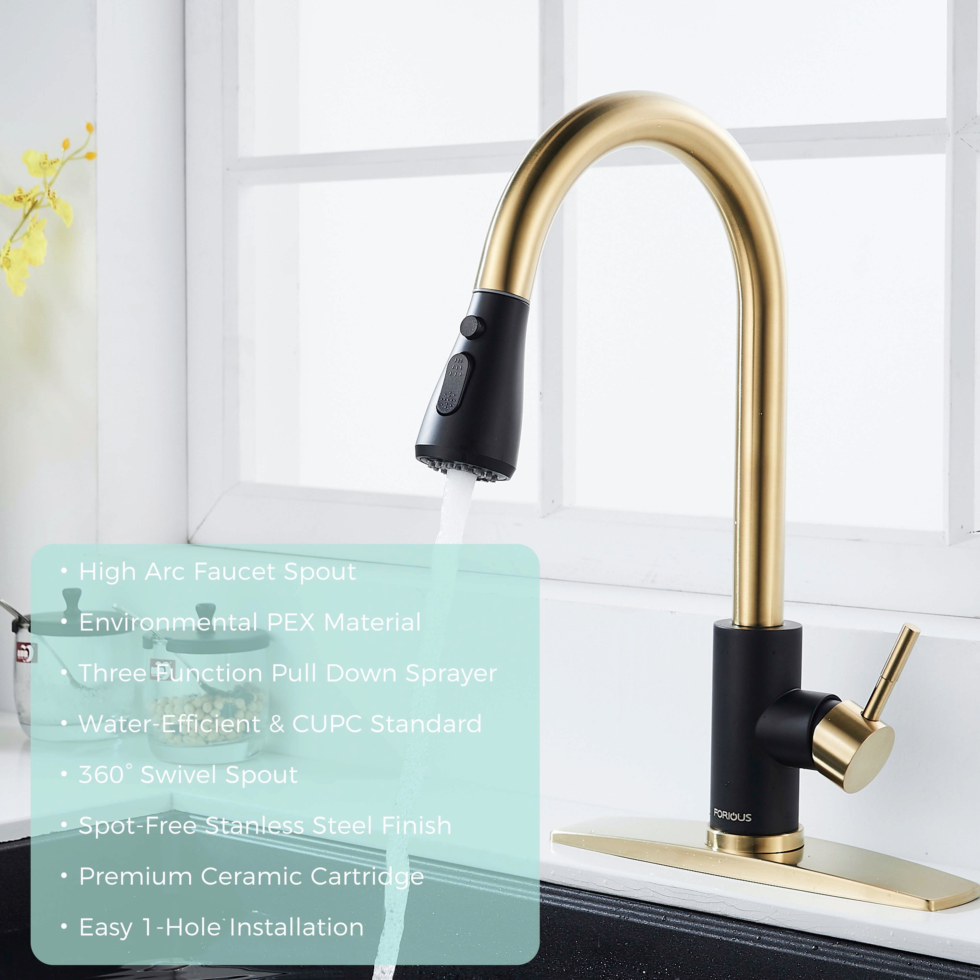 Forious Kitchen Faucet with Pull Down Sprayer Single Handle Sink Faucet Gold Black in Kitchen