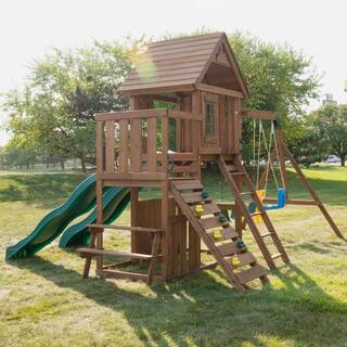 Swing-N-Slide Playsets KnightsBridge Deluxe Complete Wooden Outdoor Playset with Slides Swings and Backyard Swing Set Accessories WS 8353