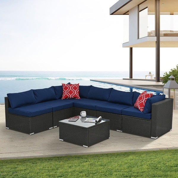 7Pcs Outdoor Sectional Furniture Set，AllWeather PE Rattan Sectional Sofa Conversation Set w/ Coffee Table and Washable Cushions