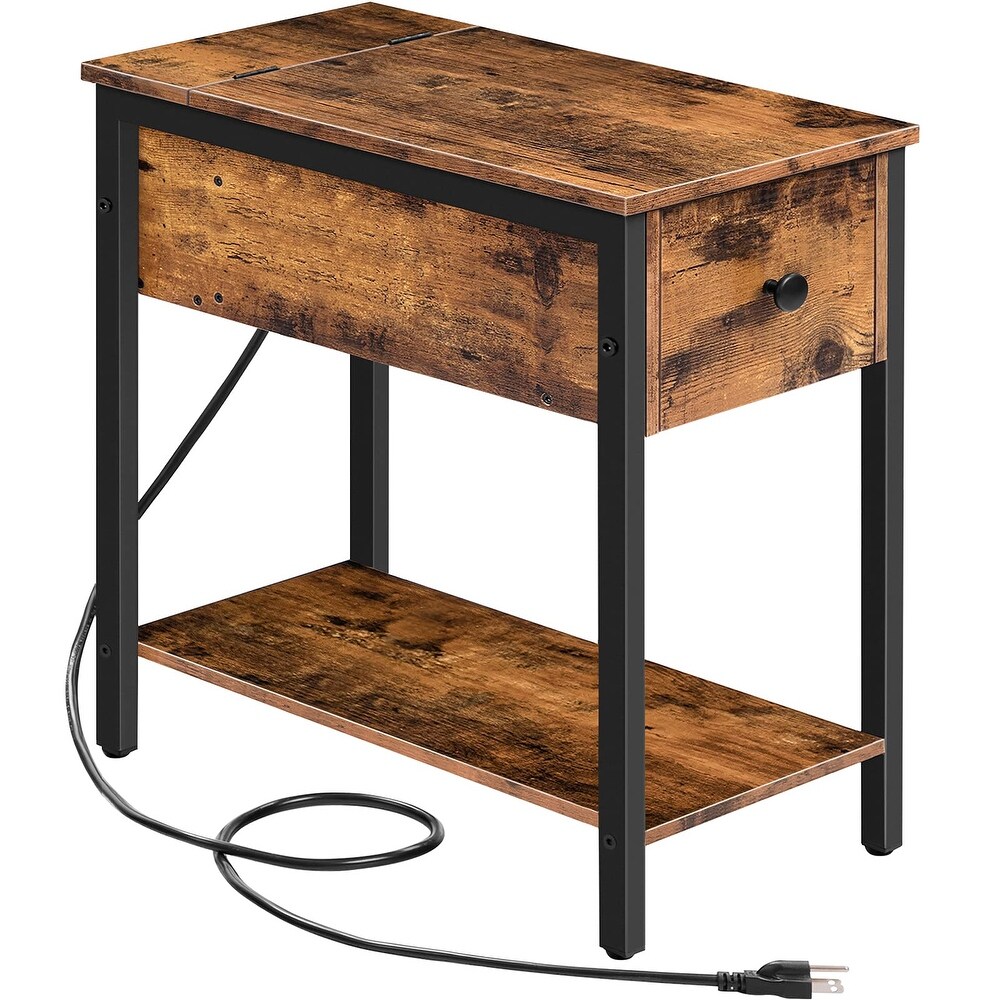 Side Table with Charging Station  Narrow Nightstand with Drawer   USB Ports   Power Outlets  End Table for Small Spaces