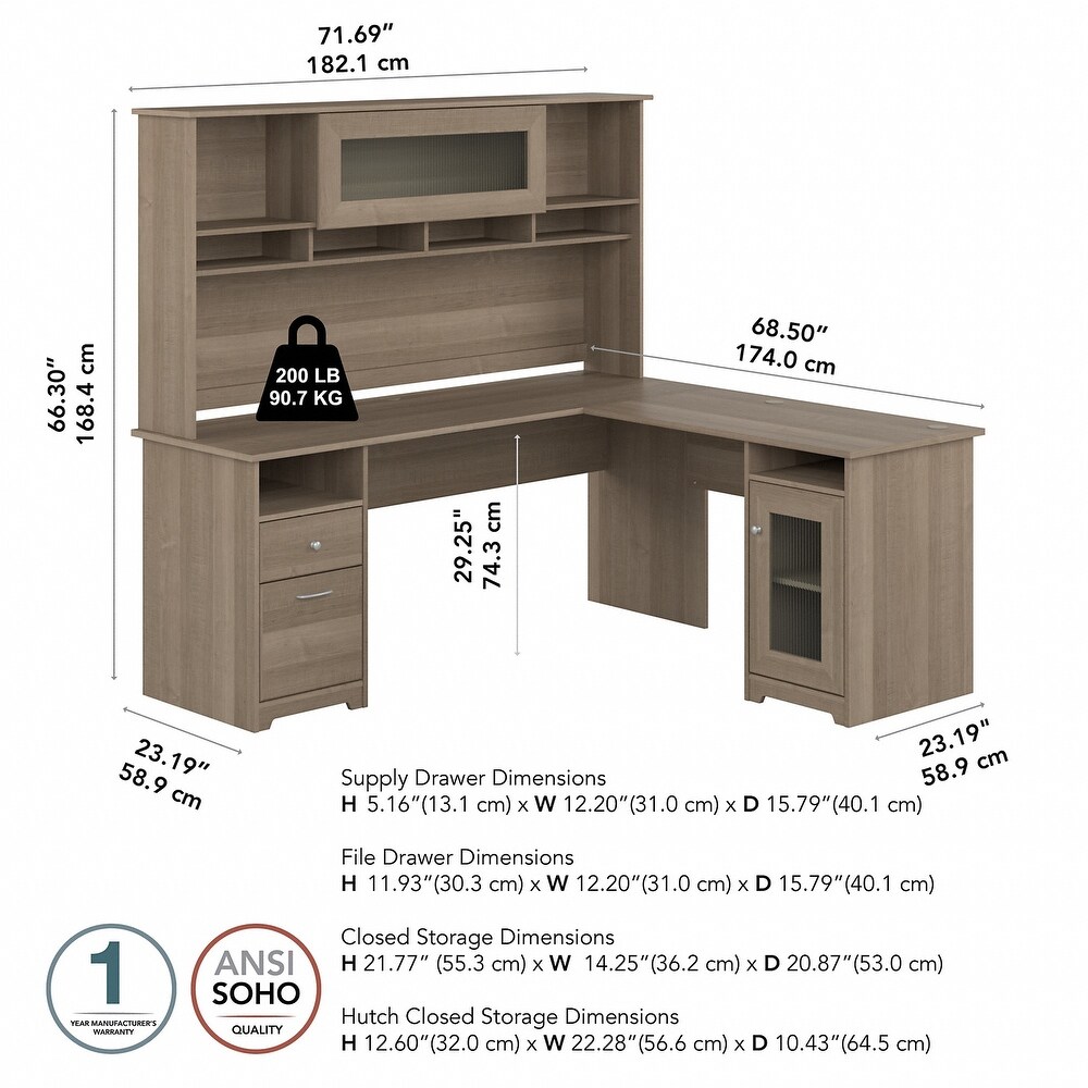 Cabot 72W L Shaped Desk with Hutch and Storage by Bush Furniture