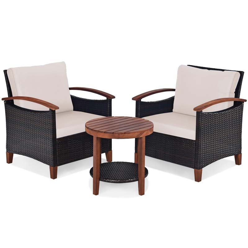 3 Pcs Patio Furniture Set Outdoor Rattan Sofa & Side Table Conversation Bistro Set with Acacia Wood Frame