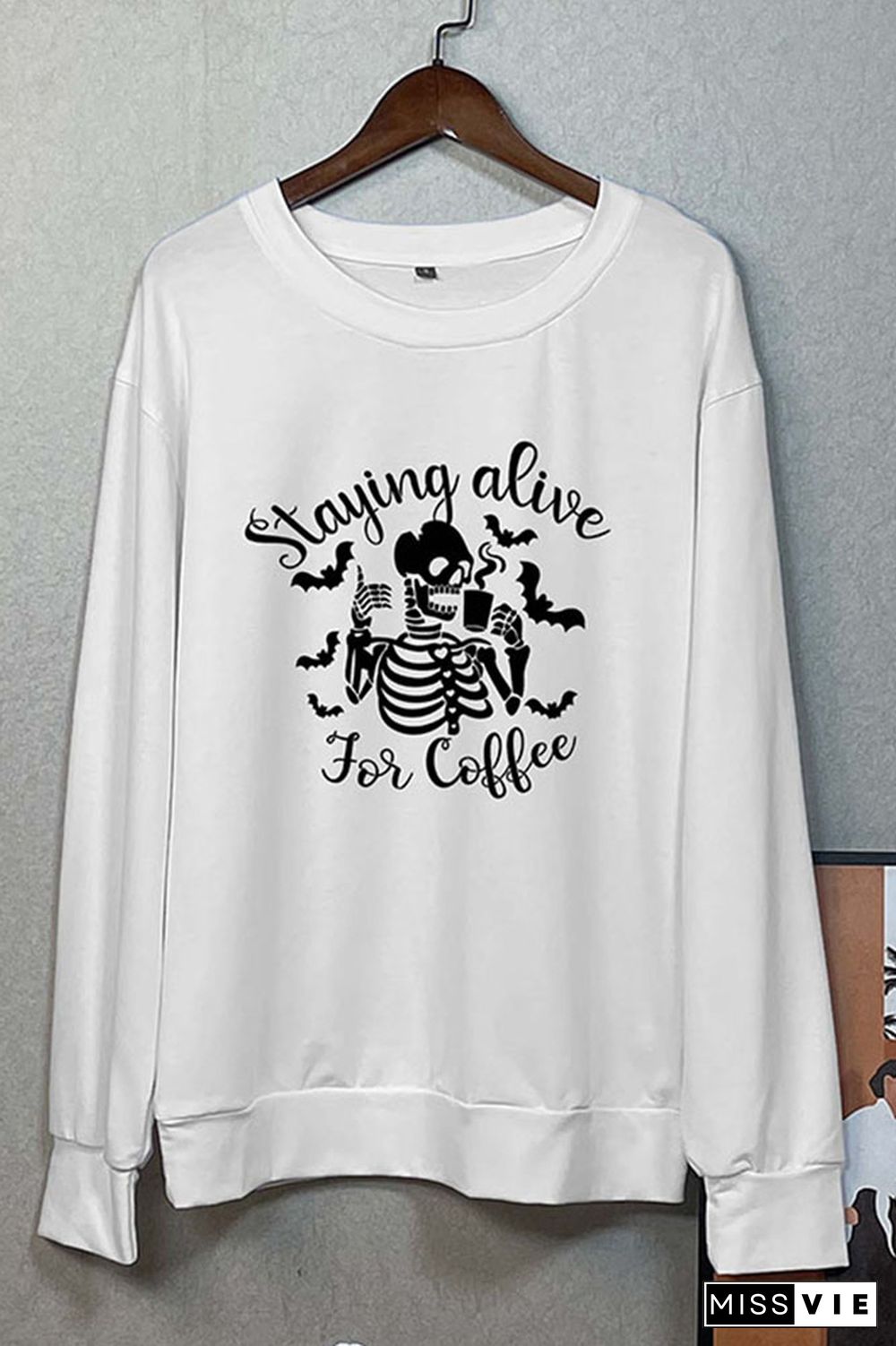 Staying Alive For Coffee Halloween Print O-neck Long Sleeve Sweatshirts Women Wholesale