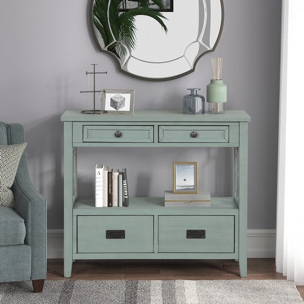 36'' Pine Wood Console Table with 4 Drawers and Open Storage Shelf