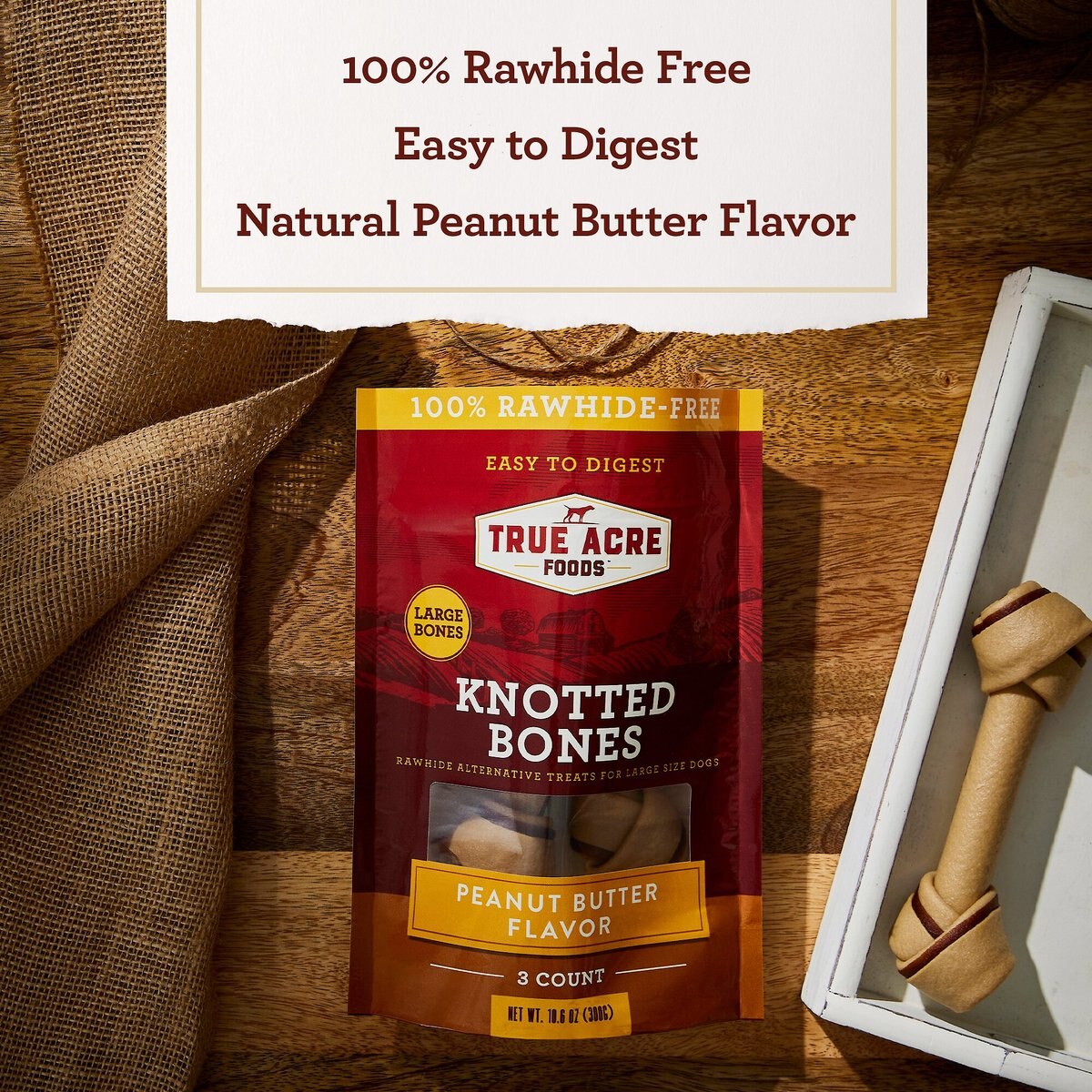 True Acre Foods Rawhide-Free Knotted Bones Peanut Butter Flavor Treats， Large， 3 count