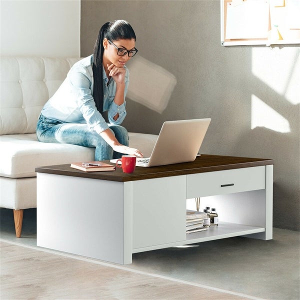 Modern Coffee Table with Front Back Drawers and Compartments