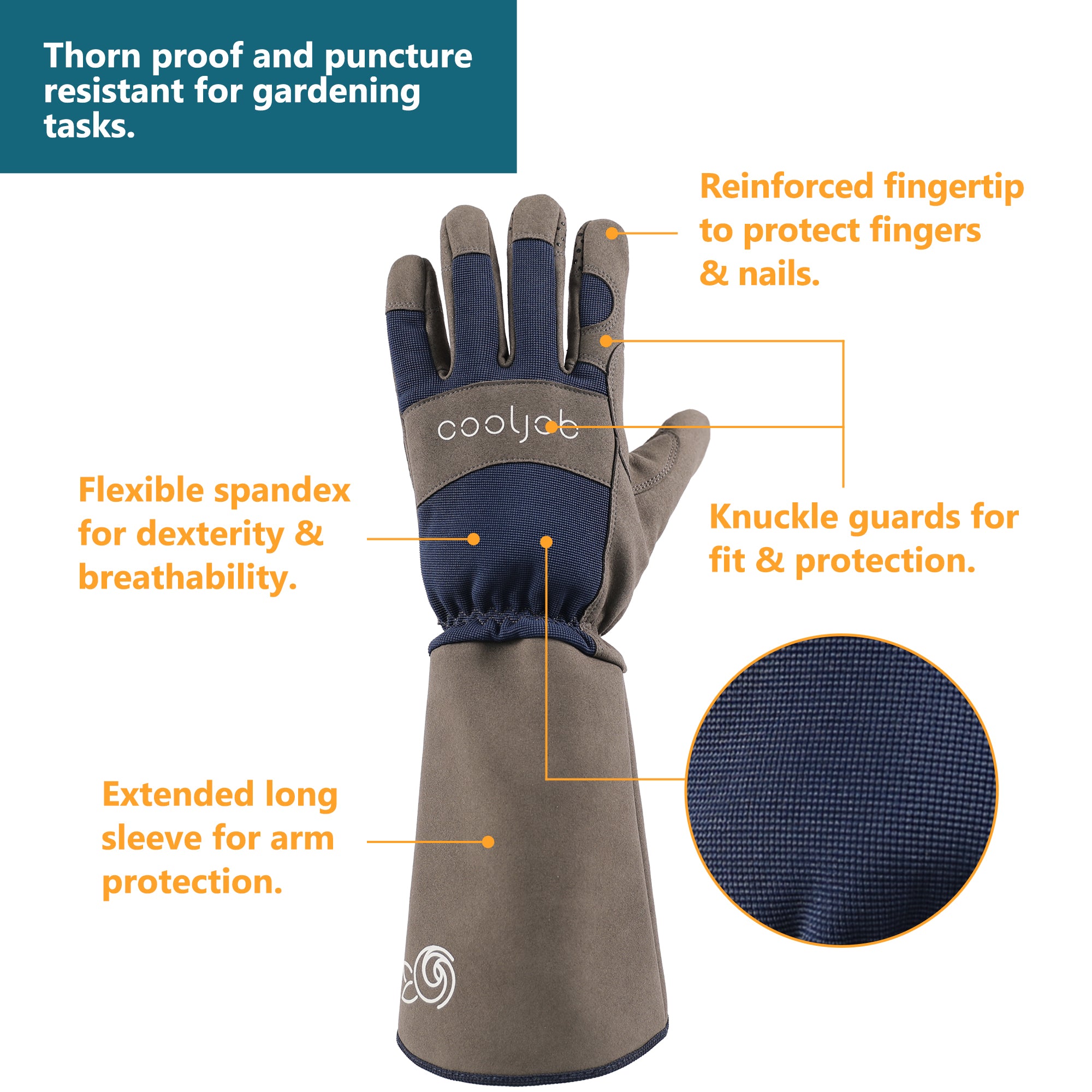 COOLJOB Rose Pruning Thorn Proof Gardening Gloves, Long Sleeve Puncture Proof Gloves with Forearm Protection for Women and Men, Large Size, Navy & Grey (1 Pair L)