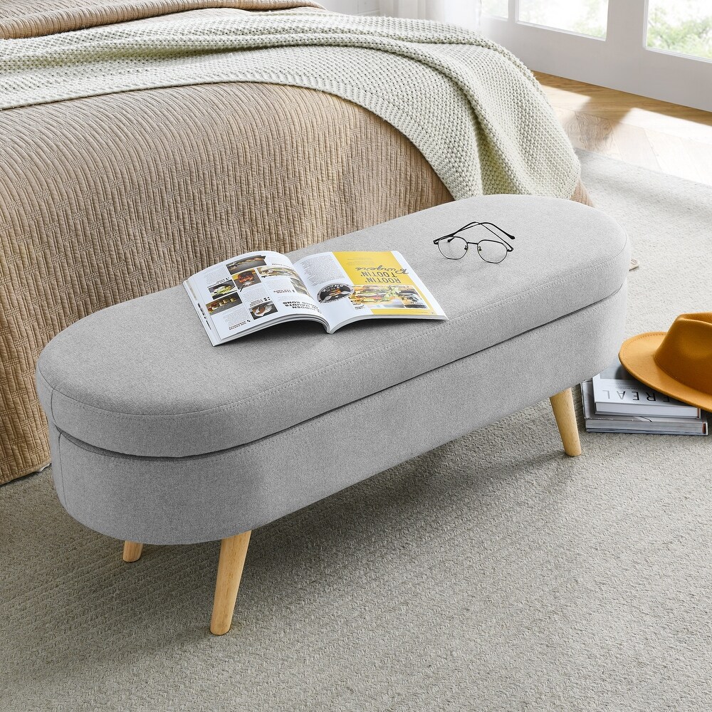 Storage Ottoman Bench Linen Upholstered Legs Flip Top Oval Foot Rest Long Stool for Sofa Couch Bedroom End of Bed Entryway