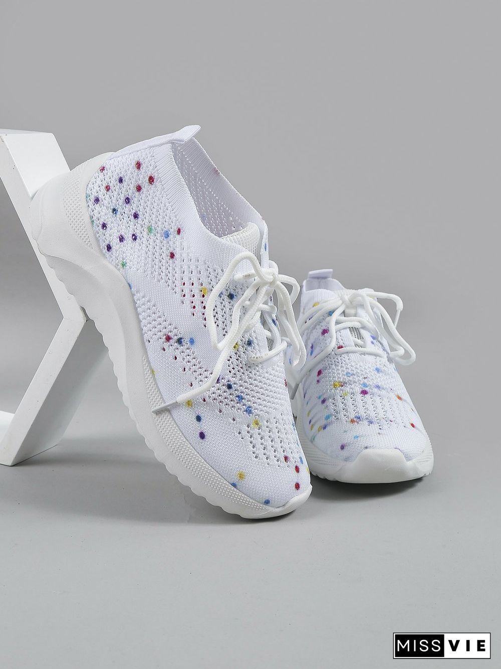 Multicolored Polka Dot Print White Flyknit Sneakers