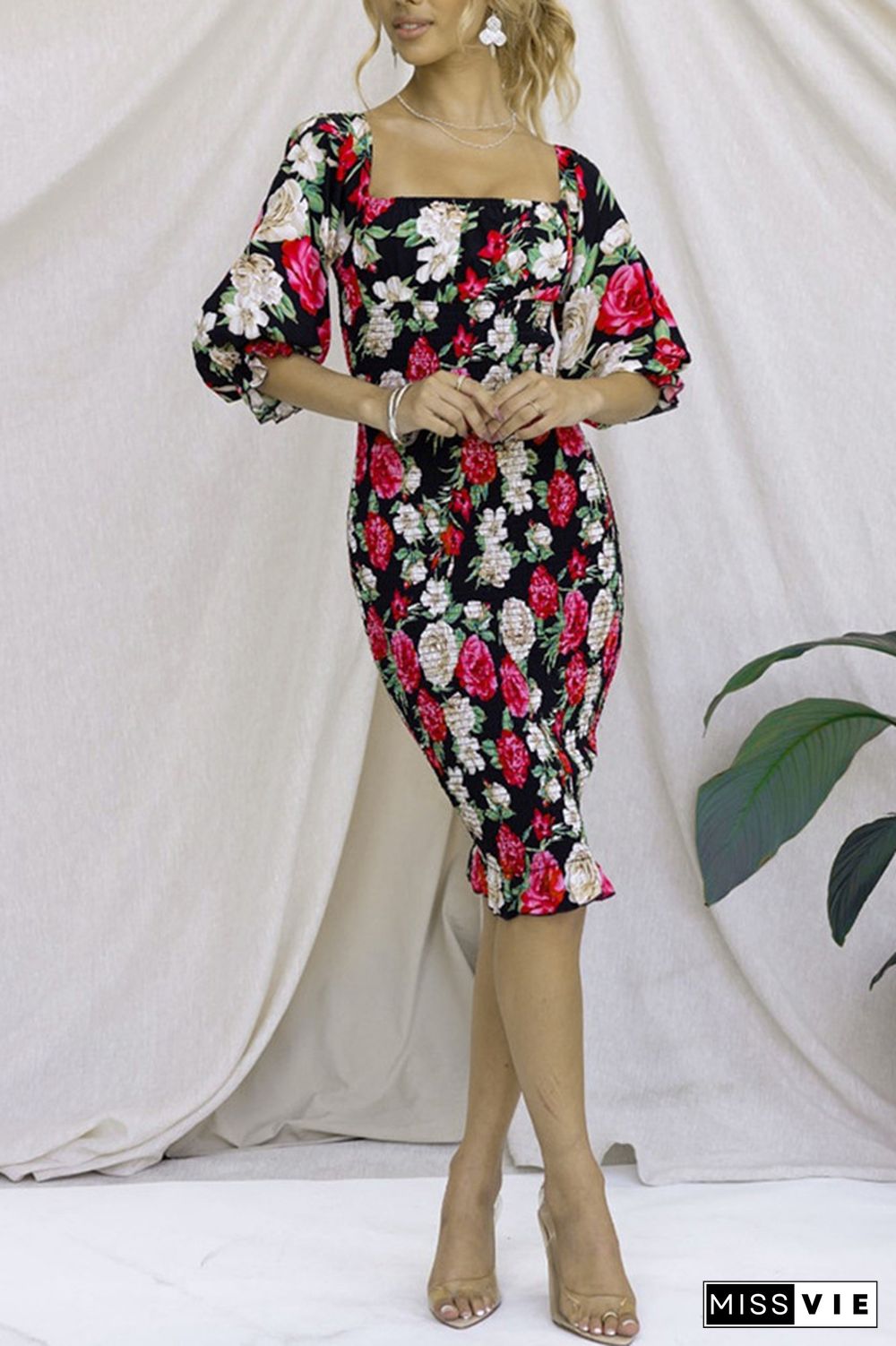 Square Neck Puff Sleeves Floral Slim Dress